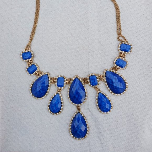 Royal Blue & Cubic Zirconia Tear Drop Shape Statement Necklace - Picture 10 of 10